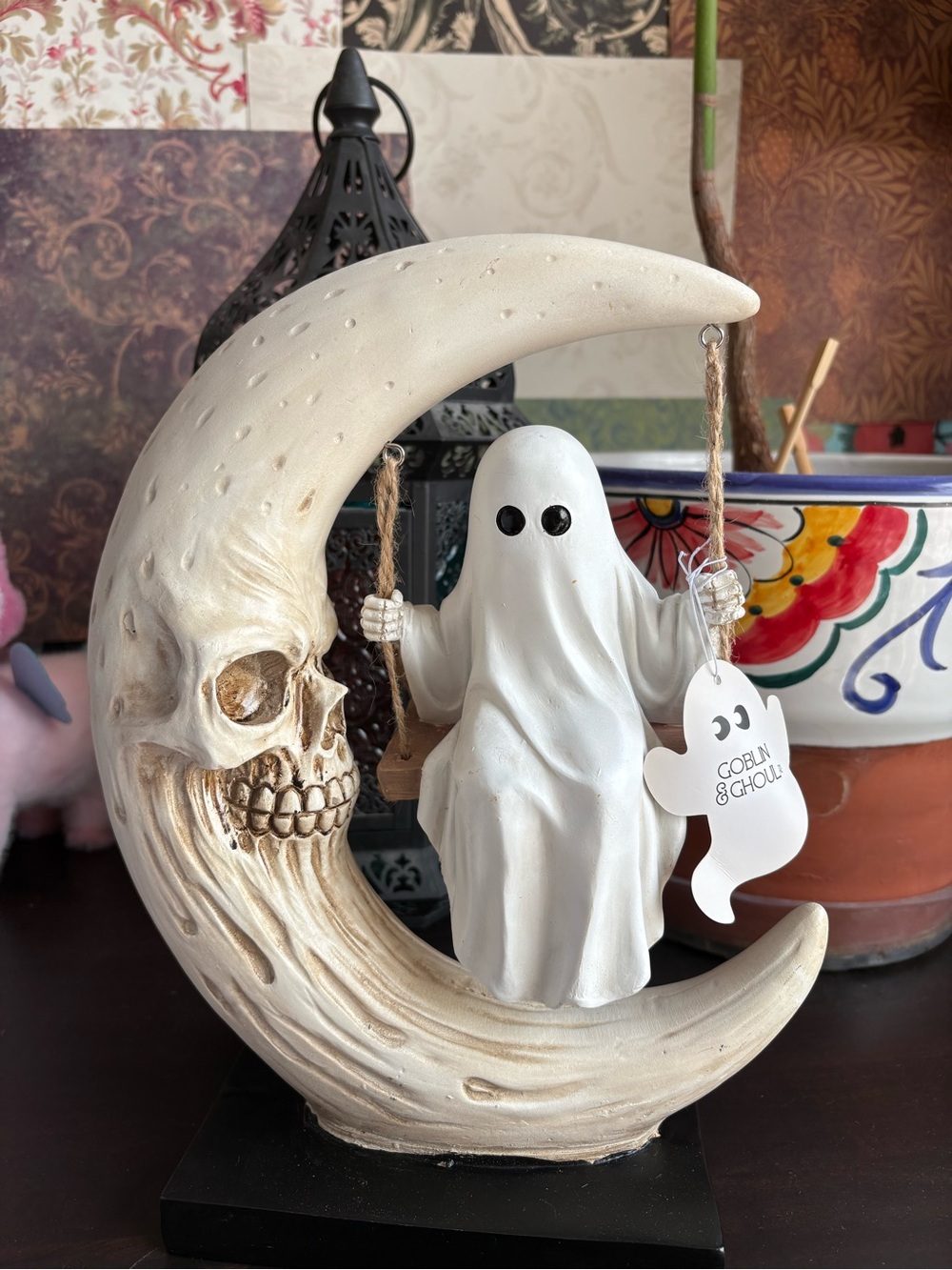 Goblin & Ghoul Ghost on Skull Moon Swing Halloween Decor